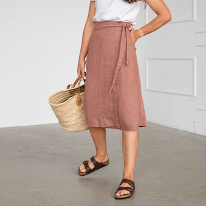 WRAP linen skirt, High-waist mid length skirt image 1