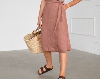 WRAP linen skirt, High-waist mid length skirt