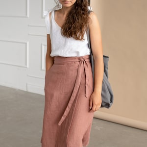 WRAP linen skirt, High-waist mid length skirt image 2