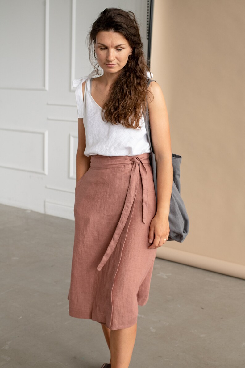 WRAP linen skirt, High-waist mid length skirt image 2