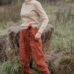 Paper bag / capri linen pants/trousers with pockets loose fit elastic waistband softened linen image 1