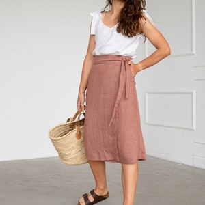 WRAP linen skirt, High-waist mid length skirt image 4