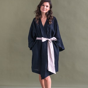 Linen Bath Robe KIMONO style Short Linen robe gift for her With sand color belt