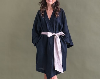 Linen Bath Robe | KIMONO style | Short Linen robe | gift for her