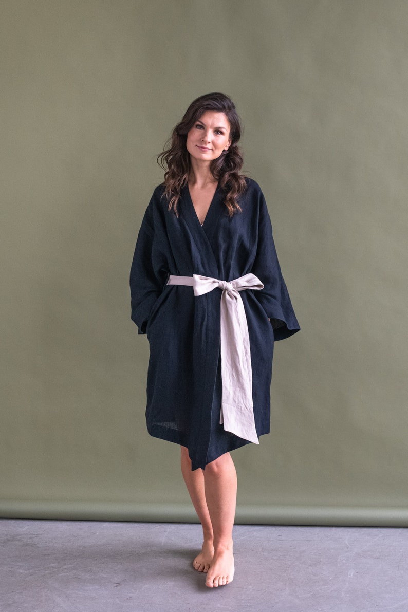 Linen Bath Robe KIMONO style Short Linen robe gift for her With sand color belt