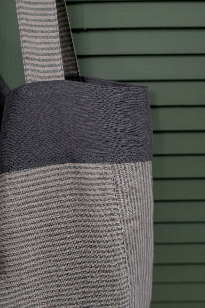 Linen spacious tote bag, beach shoulder bag, large shopping tote bag gray stripes bag image 2