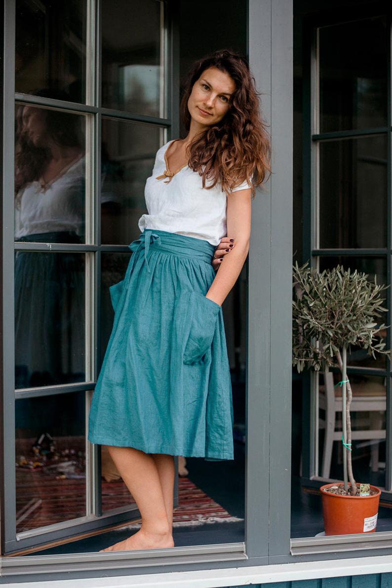 Blue patch pocket linen skirt, midi linen skirt for summer, high waist linen skirt, linen clothing for woman image 2