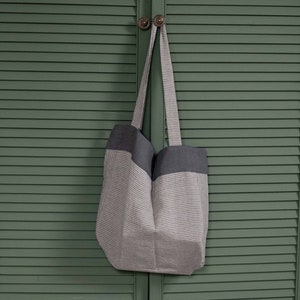 Linen spacious tote bag, beach shoulder bag, large shopping tote bag gray stripes bag image 1