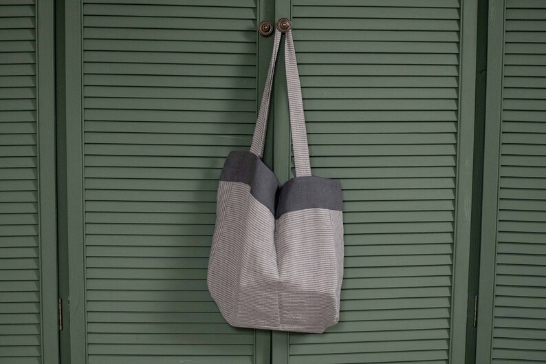 Linen spacious tote bag, beach shoulder bag, large shopping tote bag gray stripes bag image 1