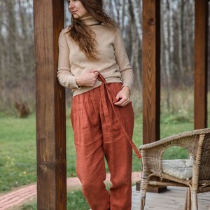 Paper bag / capri linen pants/trousers with pockets loose fit elastic waistband softened linen image 2