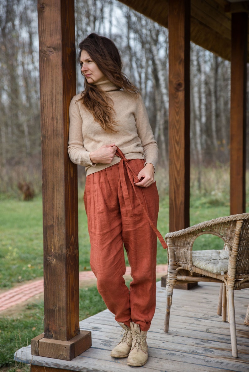 Paper bag / capri linen pants/trousers with pockets loose fit elastic waistband softened linen image 2