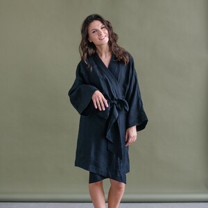 Linen Bath Robe KIMONO style Short Linen robe gift for her With black belt