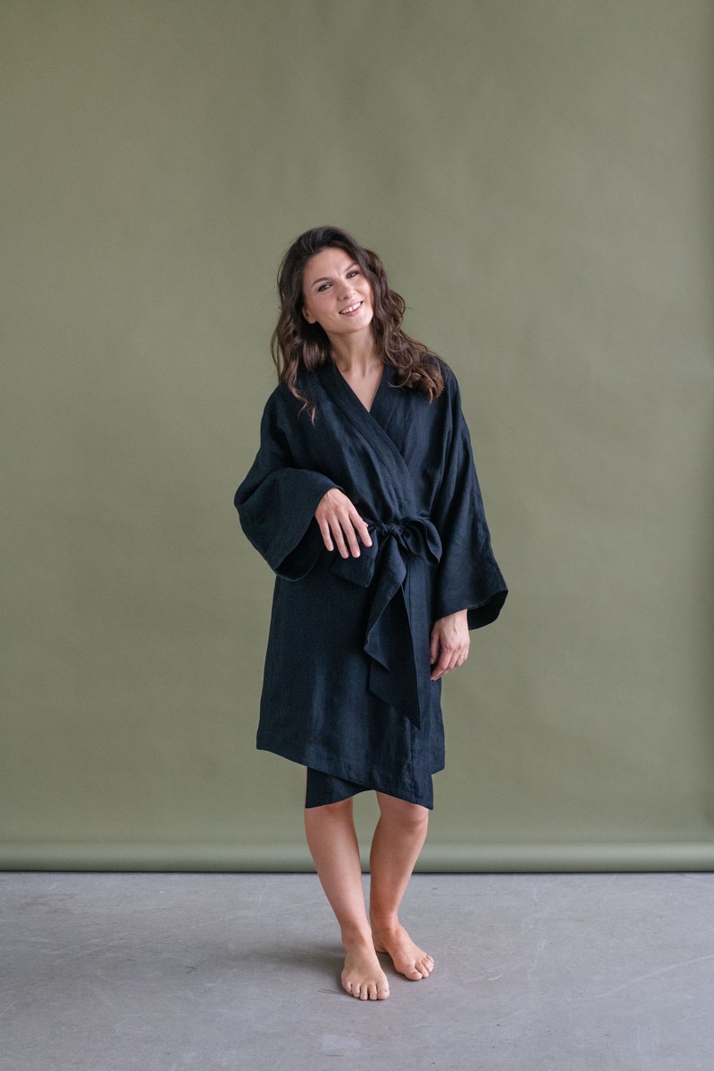 Linen Bath Robe KIMONO style Short Linen robe gift for her With black belt