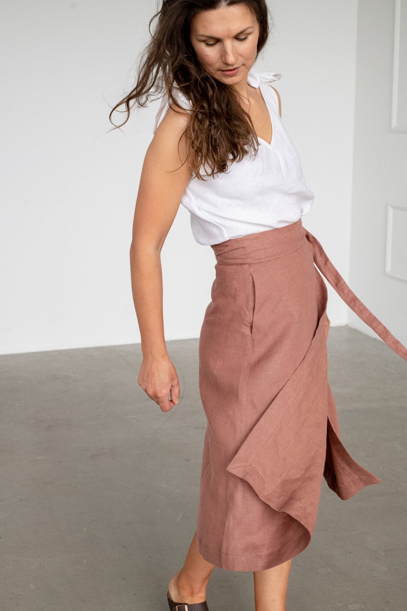 WRAP linen skirt, High-waist mid length skirt image 3