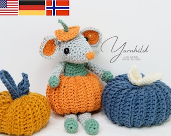 Crochet amigurumi pumpkin mouse. Häkelanleitung für eine Kürbismaus. Hekleoppskrift på en Mus. Amigurumi mouse printable Pattern. NO/DE/ENG