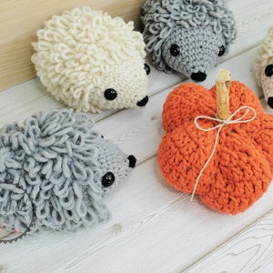 May include: Five crocheted stuffed animals, including four hedgehogs and one pumpkin. The hedgehogs are in shades of gray and white, and the pumpkin is orange. The animals are arranged on a white wooden surface.