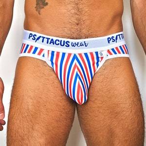 Vertical stripe briefs. Sexy men&#39;s underwear. Fun and original boxer briefs. Gay briefs. Red, blue, and white.