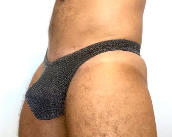 Men’s Metallic Thong Swimwear – Shiny Mens Thong Bikini – Handmade Gay Swim Brief – High‑Cut Lycra Glitter Suit