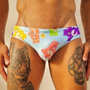 CareBears Mens Swim Brief | Handmade Speedo-Style Lycra | Pride Rainbow Cartoon Swimwear