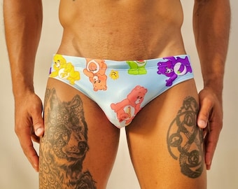 CareBears Mens Swim Brief | Handmade Speedo-Style Lycra | Pride Rainbow Cartoon Swimwear