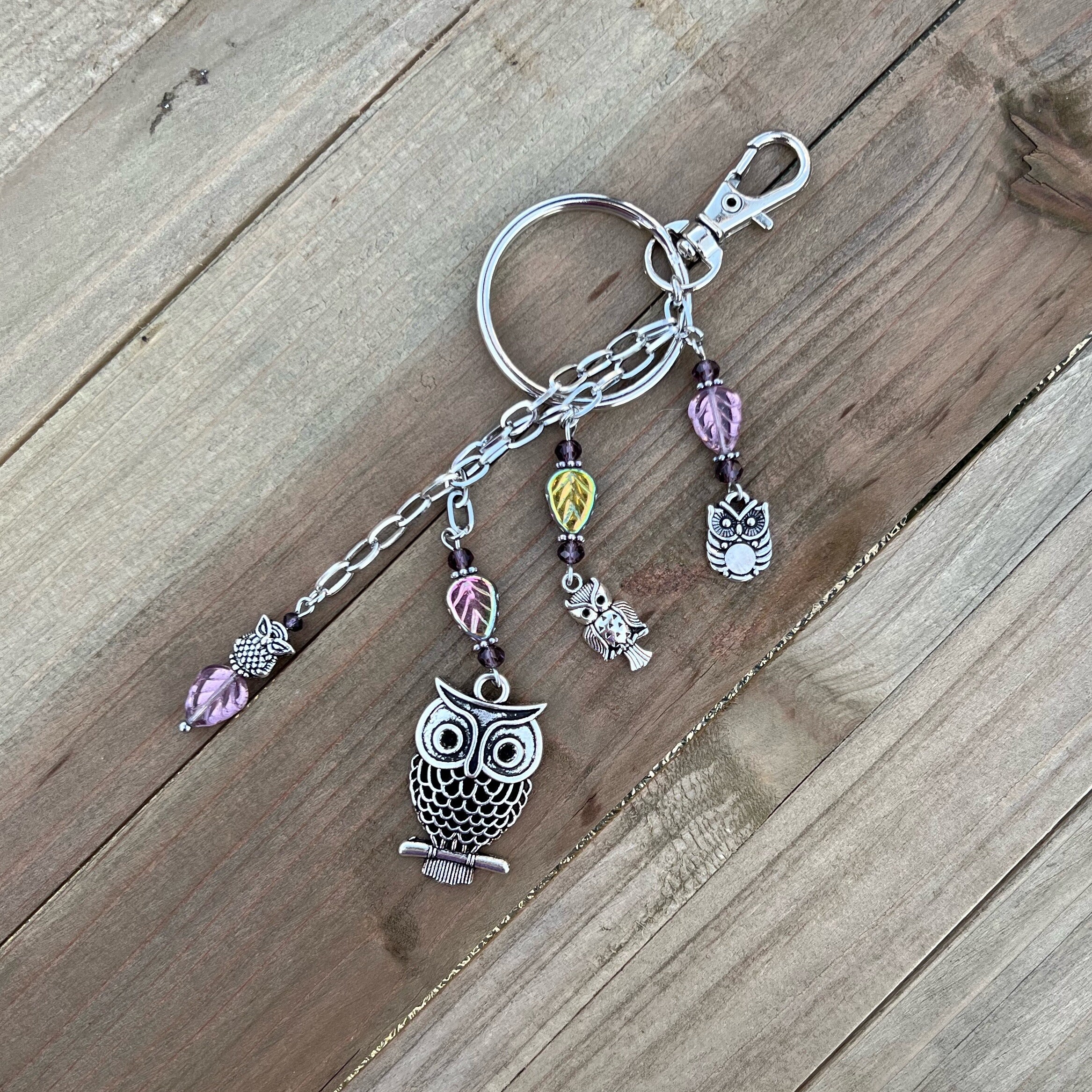 Owl Key Chain, Purple Leaf Key Ring