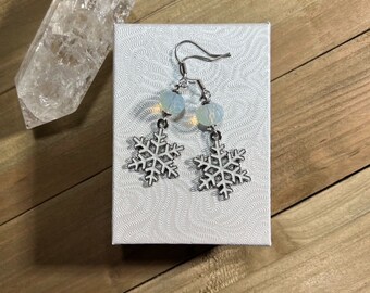 White Snowflake Earrings with Opalite