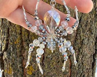 Silvery Handmade Beaded Spider Ornament, Christmas Spider