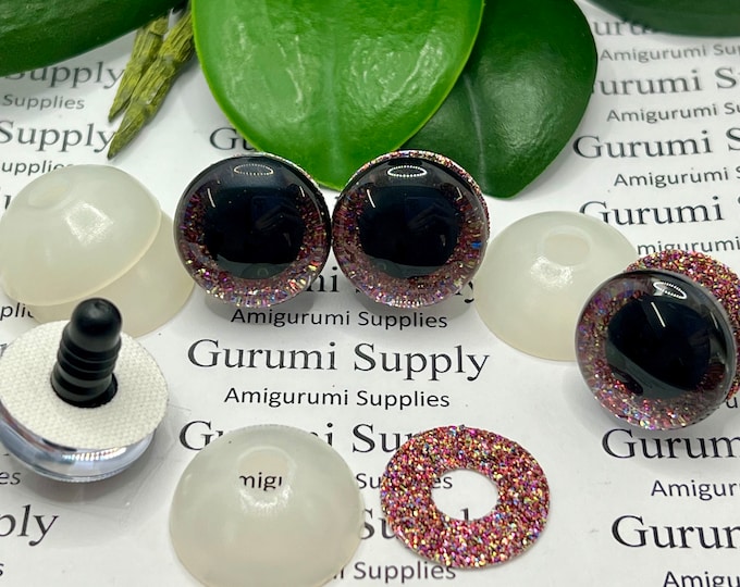 20mm Clear Trapezoid Plastic Safety Eyes with a Red Sparkle Glitter Non-Woven Slip Iris and Washers: 1 Pair - Doll / Amigurumi / Animal