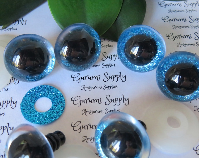 24mm Clear Round Safety Eyes with Blue Glitter Non-Woven Slip Iris, Black Pupil and Washers: 1 Pair - Doll / Amigurumi / Animal /  Creation