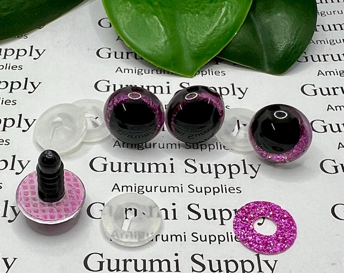 14mm Clear Safety Eyes with Hot  Pink Glitter Non-Woven Slip Iris, Black OC Pupil and Washers: 1 Pair - Amigurumi / Off Center / Round