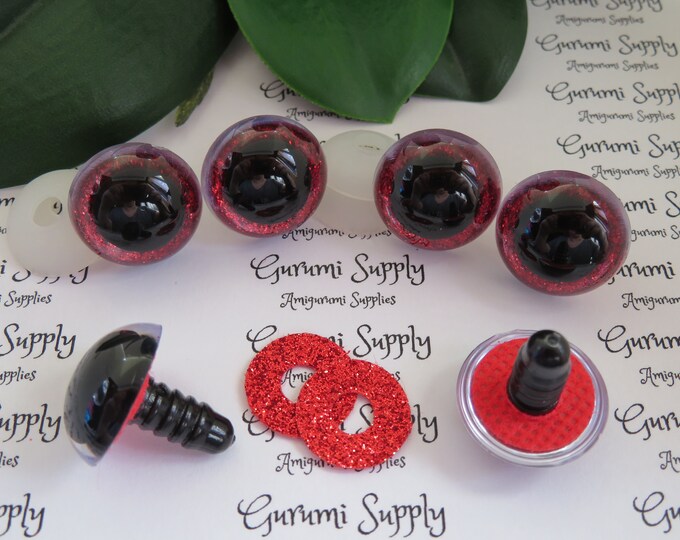 20mm Clear Round Safety Eyes with a Red Glitter Non-Woven Slip Iris, Black Pupil and Washers:  2Count/1 Pair - Amigurumi/Animal