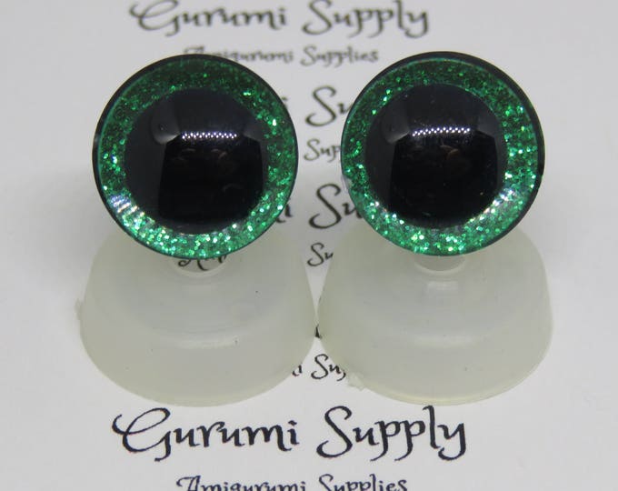 16mm Clear Trapezoid Plastic Safety Eyes with a Green Glitter Non-Woven Slip Iris and Washers:  1 Pair - Dolls / Amigurumi / Animal / Toys