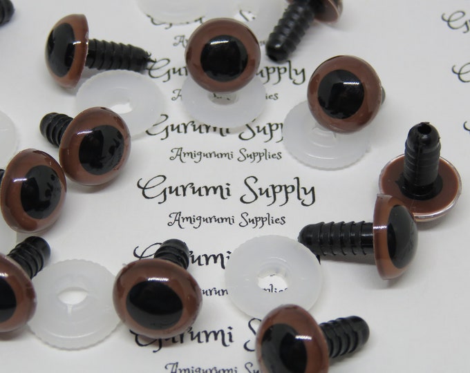 12mm Brown Iris with Black Pupil Round Safety Eyes and Washers: 3 Pairs - Dolls / Amigurumi / Animal / Stuffed Creations / Craft Supplies