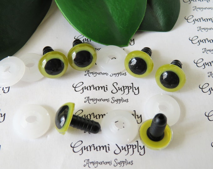 12mm Olive Green Iris Black Pupil Round Safety Eyes and Washers: 3 Pairs - Dolls/Amigurumi/Animals/ Stuffed Creations/Crochet/Paintfree/Knit