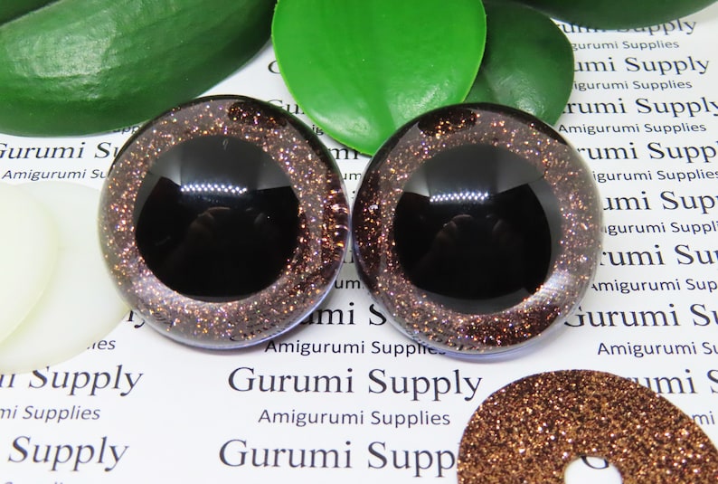 40mm Clear Round Safety Eyes with Brown Glitter Non-Woven Slip Iris, Black Pupil and Washers: 1 Pair Dolls / Amigurumi / Animal / Crochet image 2