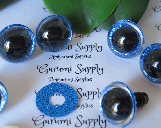 16mm Clear Round Plastic Safety Eyes with Dark Blue Glitter Non-Woven Slip Iris, Black Pupil and Washers: 1 Pair - Amigurumi / Animal / Doll