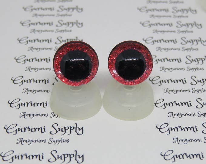 16mm Clear Trapezoid Plastic Safety Eyes with a Red Glitter Non-Woven Slip Iris, Black Iris and Washers:  2Count/ 1 Pairs - Dolls/ Amigurumi