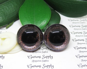 30mm Clear Round Plastic Safety Eyes with a Coffee Brown Glitter Non-Woven Slip Iris, Black Iris and Washers: 1 Pair Amigurumi / Animal