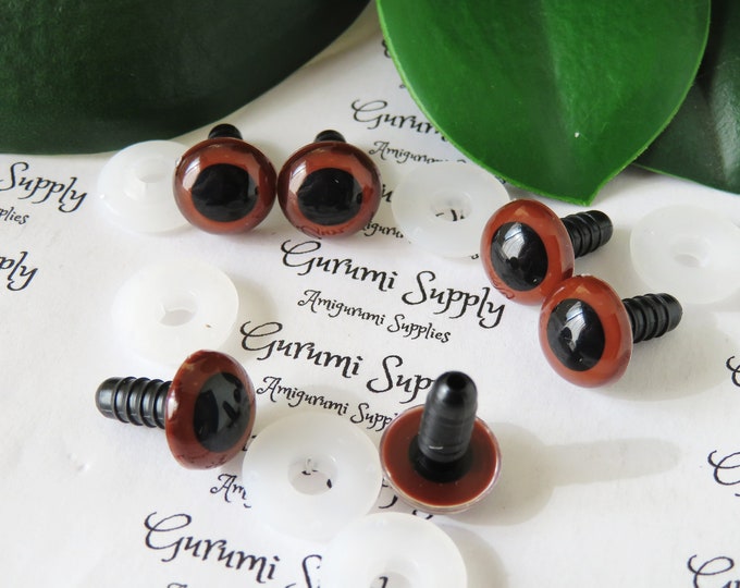 12mm Red-Brown Iris Black Pupil Round Safety Eyes and Washers: 3 Pairs - Dolls/Amigurumi/Animals/ Stuffed Creations/Crochet/Paintfree/Knit