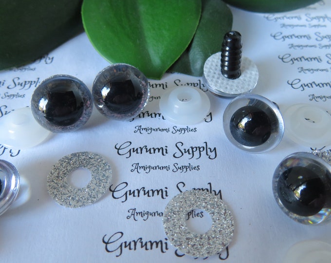 16mm Clear Round Safety Eyes with a Silver Glitter Non-Woven Slip Iris, Black Pupil and Washers: 1 Pair - Dolls/Amigurumi/Animals/Crochet
