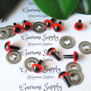 7.5mm Red Iris Black Pupil Round Safety Eyes and Washers: 5 Pairs - Dolls / Amigurumi / Animals / Monsters / Toys / Crochet / Paintfree