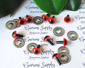 7.5mm Red Iris Black Pupil Round Safety Eyes and Washers: 5 Pairs - Dolls / Amigurumi / Animals / Monsters / Toys / Crochet / Paintfree