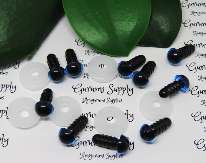 8mm Transparent Blue Iris Black Pupil Round Safety Eyes and Washers: 5 Pairs - Doll / Amigurumi / Animal / Supplies / Crochet / Paintfree