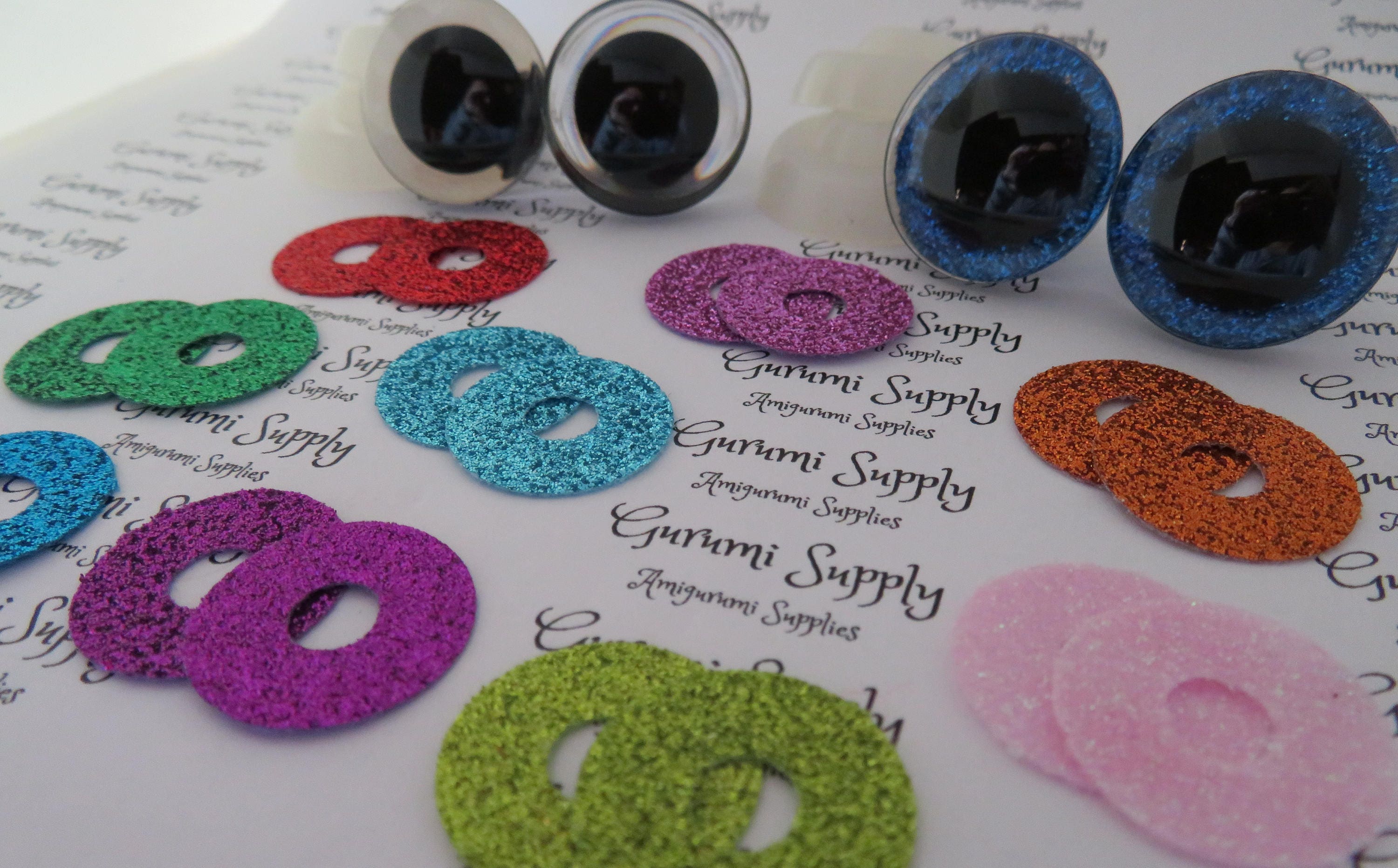 20mm Clear Trapezoid Safety Eyes with a Silver Glitter Slip and Black Iris  with Washers: 1 Pair - Dolls / Amigurumi / Animals / Crochet