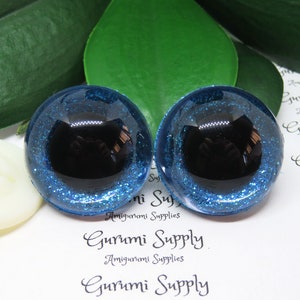 30mm Clear Round Safety Eyes with Blue Glitter Non-Woven Slip Iris, Black Pupil : 1 Pair - Doll / Amigurumi / Animal / Creation / Supplies