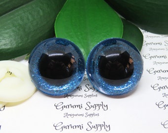 30mm Clear Round Safety Eyes with Blue Glitter Non-Woven Slip Iris, Black Pupil : 1 Pair - Doll / Amigurumi / Animal / Creation / Supplies