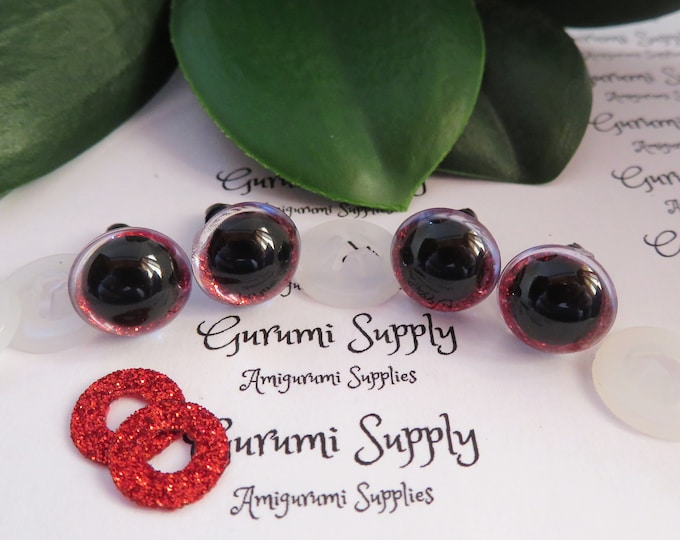 12mm Clear Round Plastic Safety Eyes with a Red Glitter Non-Woven Slip Iris and Washers: 2 Pairs - Dolls/Amigurumi/Animal/Crochet/Knit