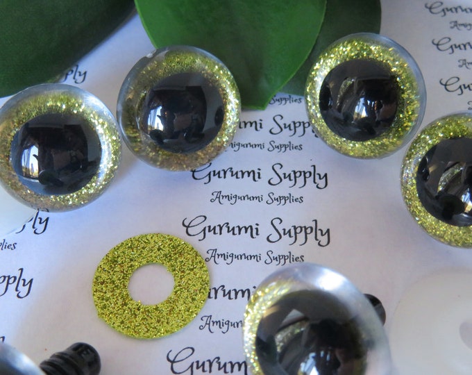 24mm Clear Round Plastic Safety Eyes with Yellow-Green Glitter Non-Woven Slip Iris, Black Pupil and Washers: 1 Pair Amigurumi / Dolls / Toys