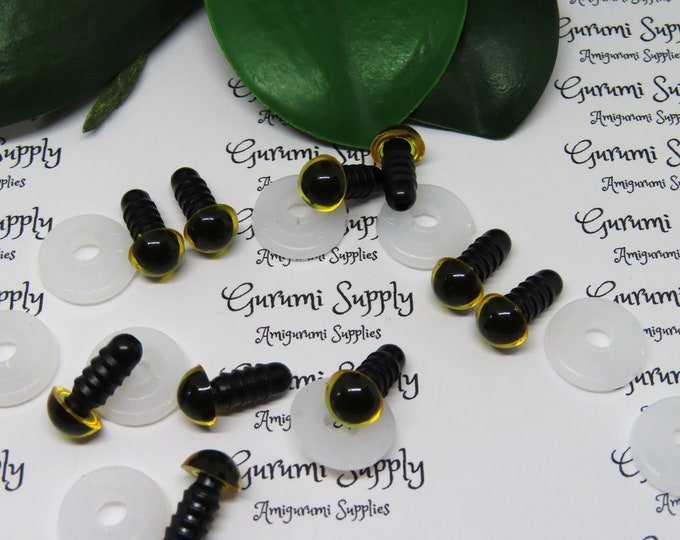 8mm Transparent Yellow Iris Black Pupil Round Safety Eyes and Washers: 5 Pairs - Doll / Amigurumi / Animal / Supplies / Crochet / Paintfree