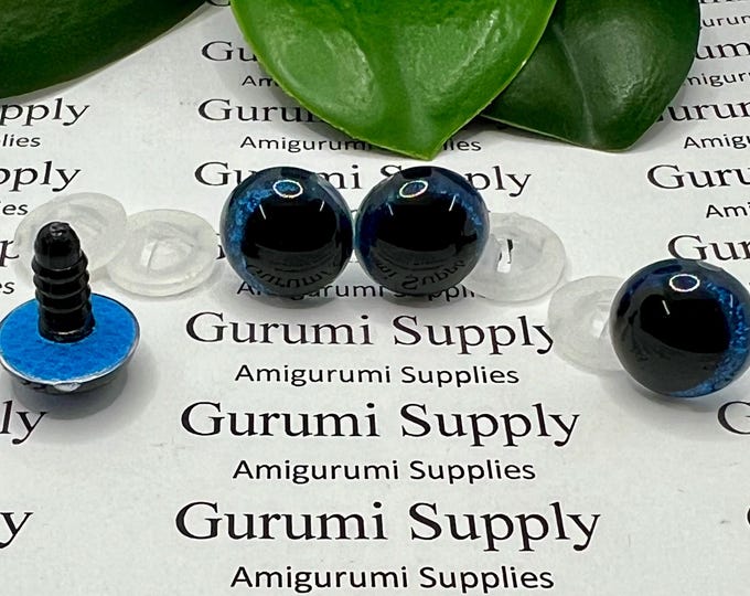 14mm Clear Safety Eyes with Dark Blue Glitter Non-Woven Slip Iris, Black OC Pupil and Washers: 1 Pair - Amigurumi / Off Center / Round